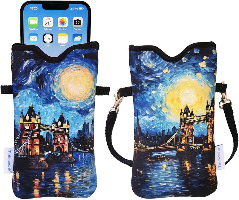 Tainada Men Women Neoprene Phone Sleeve Pouch Case Bag with Crossbody Strap/Neck Lanyard for iPhone 17/16/15 Pro Max, Air, 16/15 Plus, 16e； Samsung S25+, S25, S24, A56, Z Fold7 (Tower Bridge Night) - Image 1